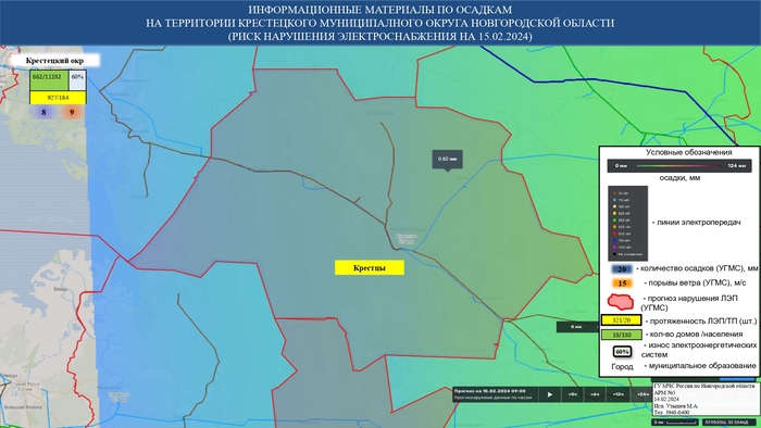 ИНФОРМАЦИОННЫЕ МАТЕРИАЛЫ ПО ОСАДКАМ И ПОРЫВАМ ВЕТРА НА НОВГОРОДСКОЙ ОБЛАСТИ (РИСК НАРУШЕНИЯ ЭЛЕКТРОСНАБЖЕНИЯ НА 15.02.2024) 