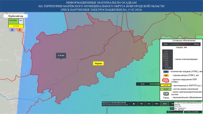 ИНФОРМАЦИОННЫЕ МАТЕРИАЛЫ ПО ОСАДКАМ И ПОРЫВАМ ВЕТРА НА НОВГОРОДСКОЙ ОБЛАСТИ (РИСК НАРУШЕНИЯ ЭЛЕКТРОСНАБЖЕНИЯ НА 15.02.2024) 