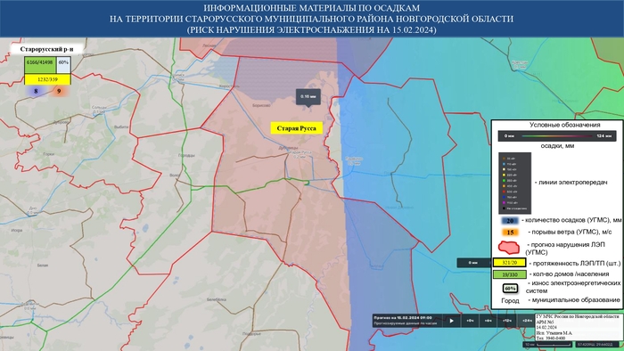ИНФОРМАЦИОННЫЕ МАТЕРИАЛЫ ПО ОСАДКАМ И ПОРЫВАМ ВЕТРА НА НОВГОРОДСКОЙ ОБЛАСТИ (РИСК НАРУШЕНИЯ ЭЛЕКТРОСНАБЖЕНИЯ НА 15.02.2024) 